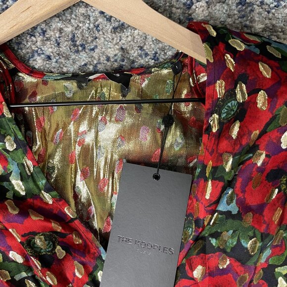 The Kooples Blouse Womens Small Red Gold Giant Poppy Metallic Long Sleeve Floral - Picture 5 of 9